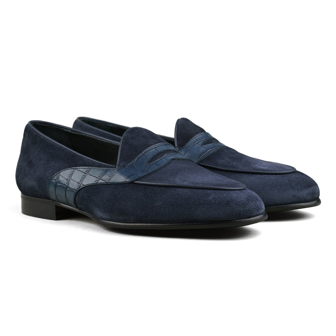 Belgian Penny Loafer - Navy Suede w/ Faux Croc Strap