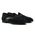 Load image into Gallery viewer, Belgian Penny Loafer - Black Suede w/ Faux Croc Strap
