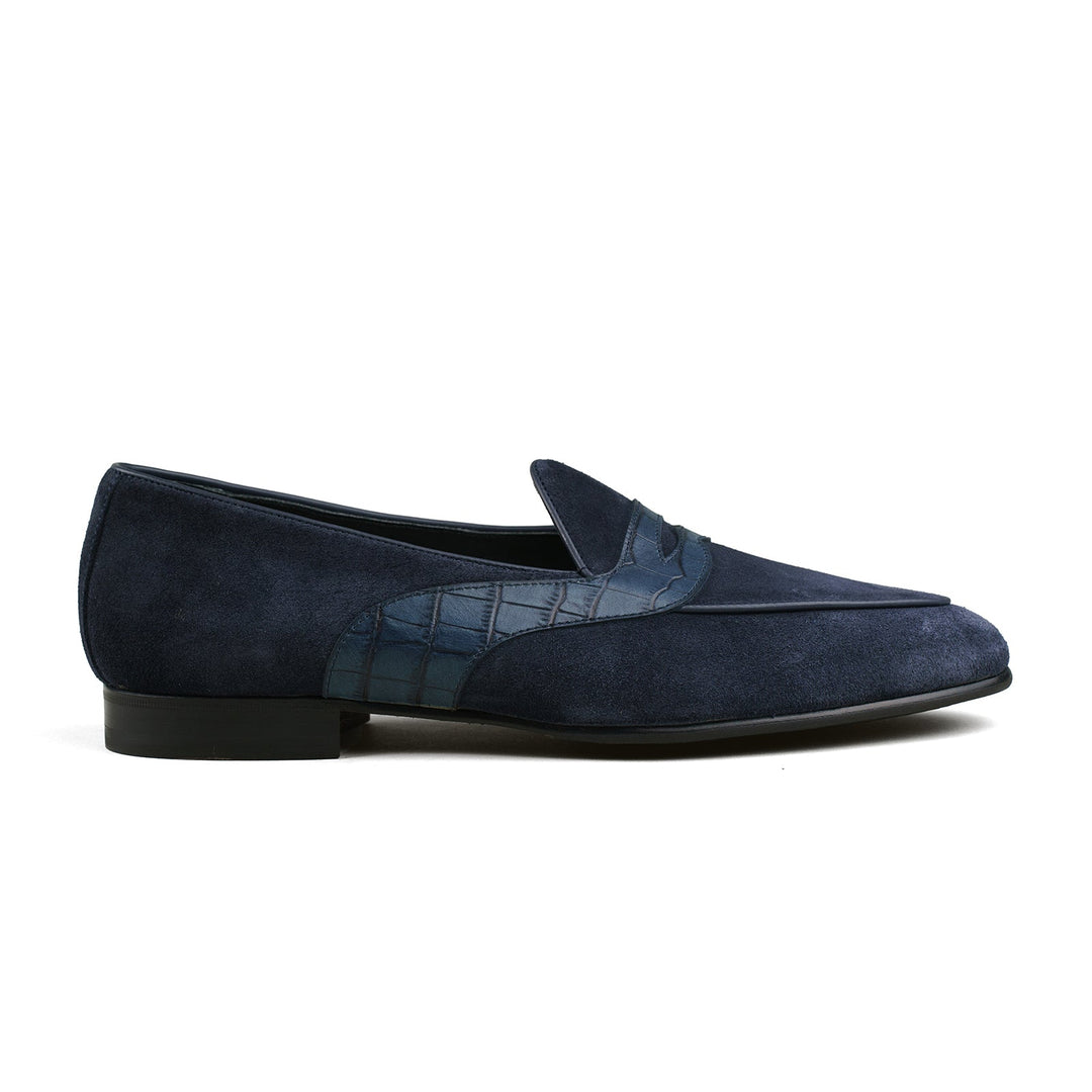 Belgian Penny Loafer - Navy Suede w/ Faux Croc Strap