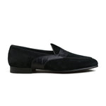 Load image into Gallery viewer, Belgian Penny Loafer - Black Suede w/ Faux Croc Strap
