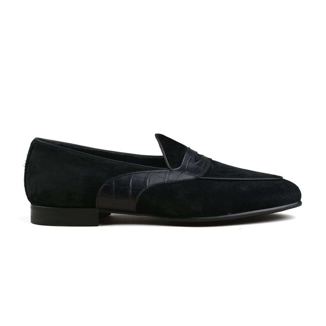 Belgian Penny Loafer - Black Suede w/ Faux Croc Strap