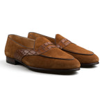 Load image into Gallery viewer, Belgian Penny Loafer - Tobacco Suede w/ Faux Croc Strap
