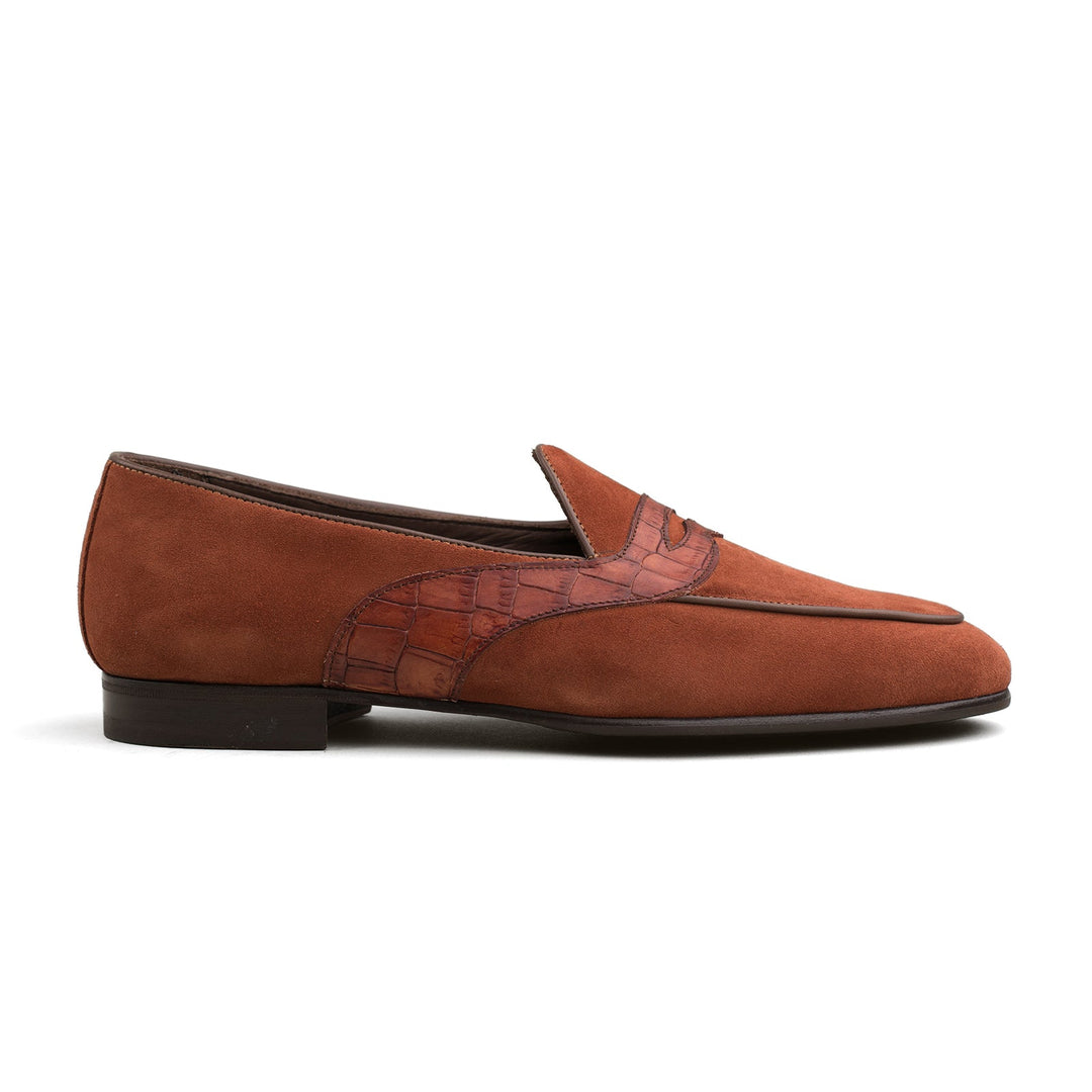 Belgian Penny Loafer - Sienna Suede w/ Faux Croc Strap