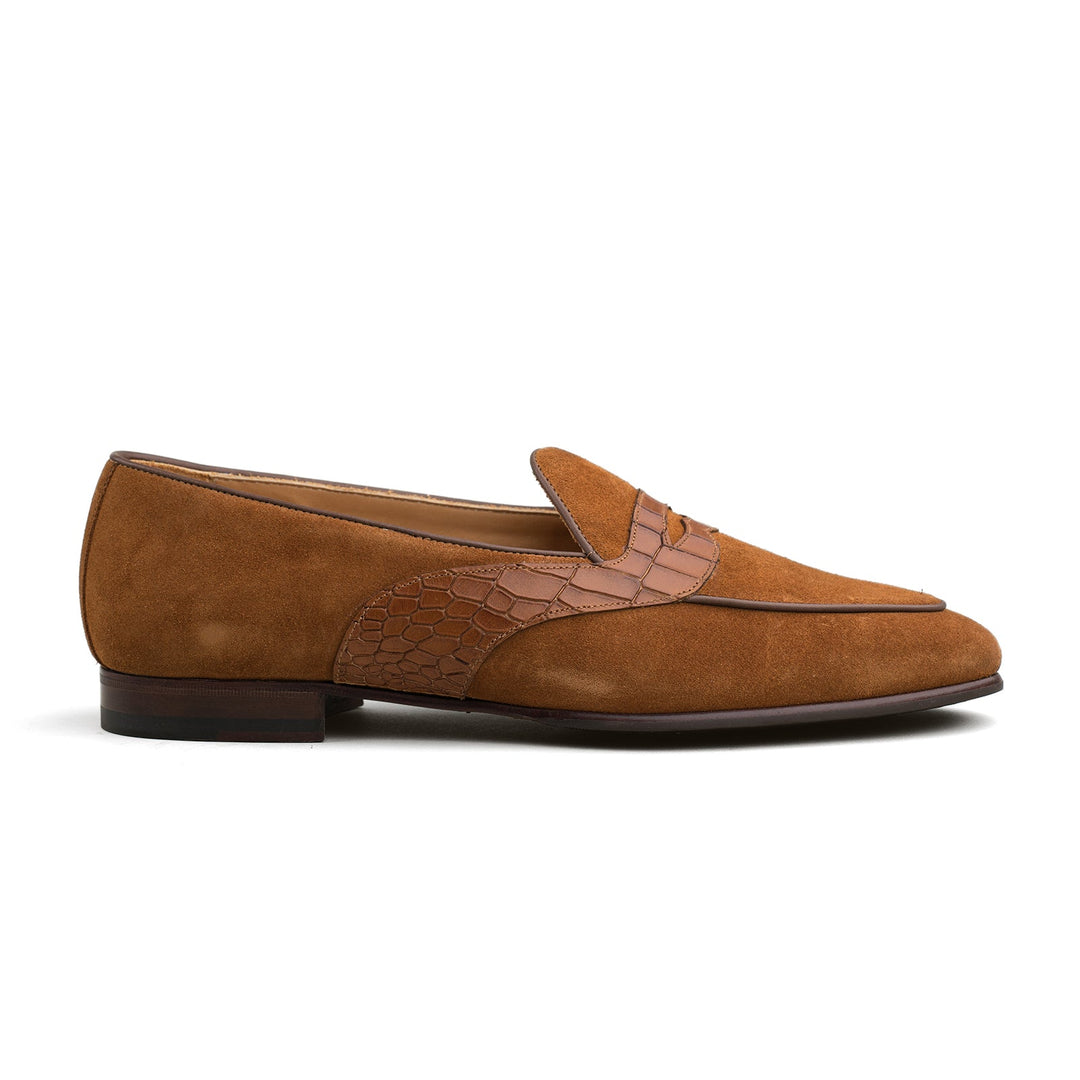 Belgian Penny Loafer - Tobacco Suede w/ Faux Croc Strap