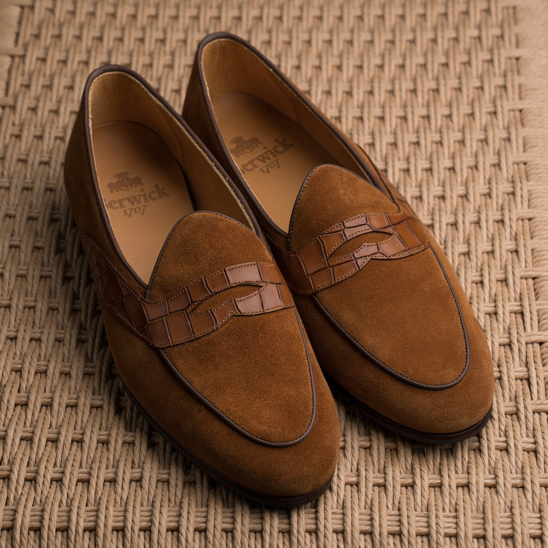 Belgian Penny Loafer - Tobacco Suede w/ Faux Croc Strap