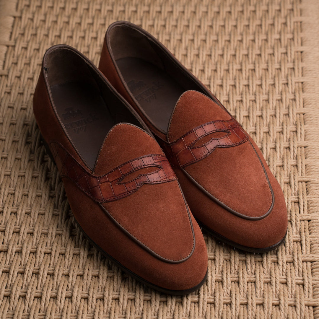 Belgian Penny Loafer - Sienna Suede w/ Faux Croc Strap