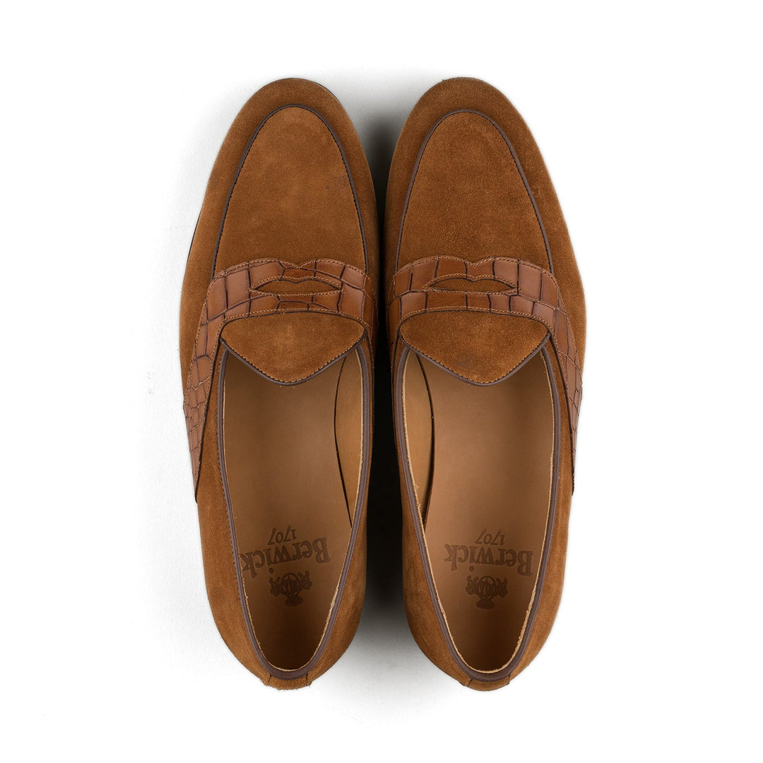 Belgian Penny Loafer - Tobacco Suede w/ Faux Croc Strap