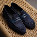 Load image into Gallery viewer, Belgian Penny Loafer - Navy Suede w/ Faux Croc Strap
