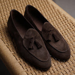 Load image into Gallery viewer, Belgian Tassel Loafer - Dark Brown Suede
