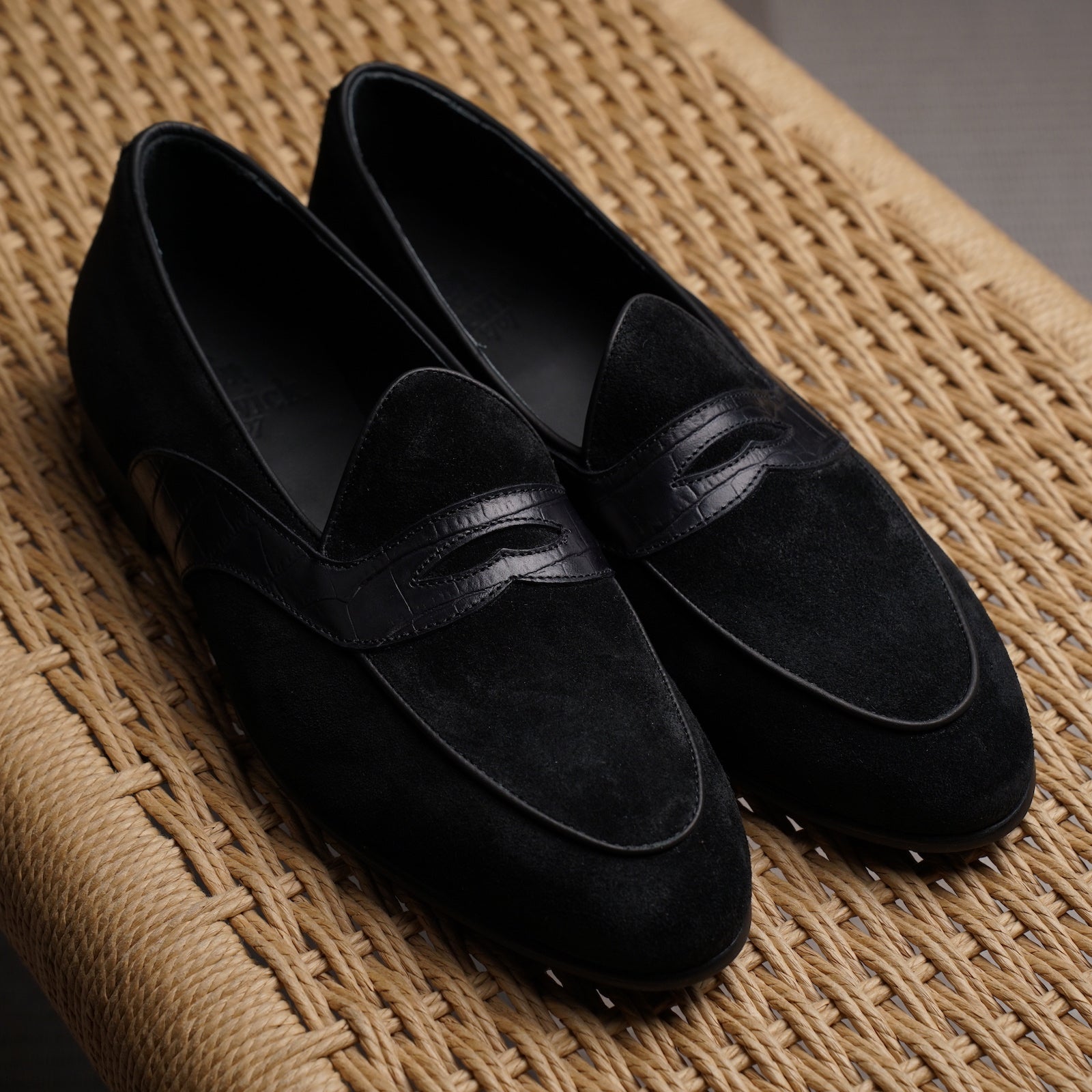 Berwick Belgian Penny Loafer - Black Suede w/ Faux Croc Strap