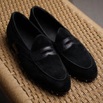 Load image into Gallery viewer, Belgian Penny Loafer - Black Suede w/ Faux Croc Strap
