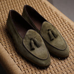 Load image into Gallery viewer, Belgian Tassel Loafer - Green Suede
