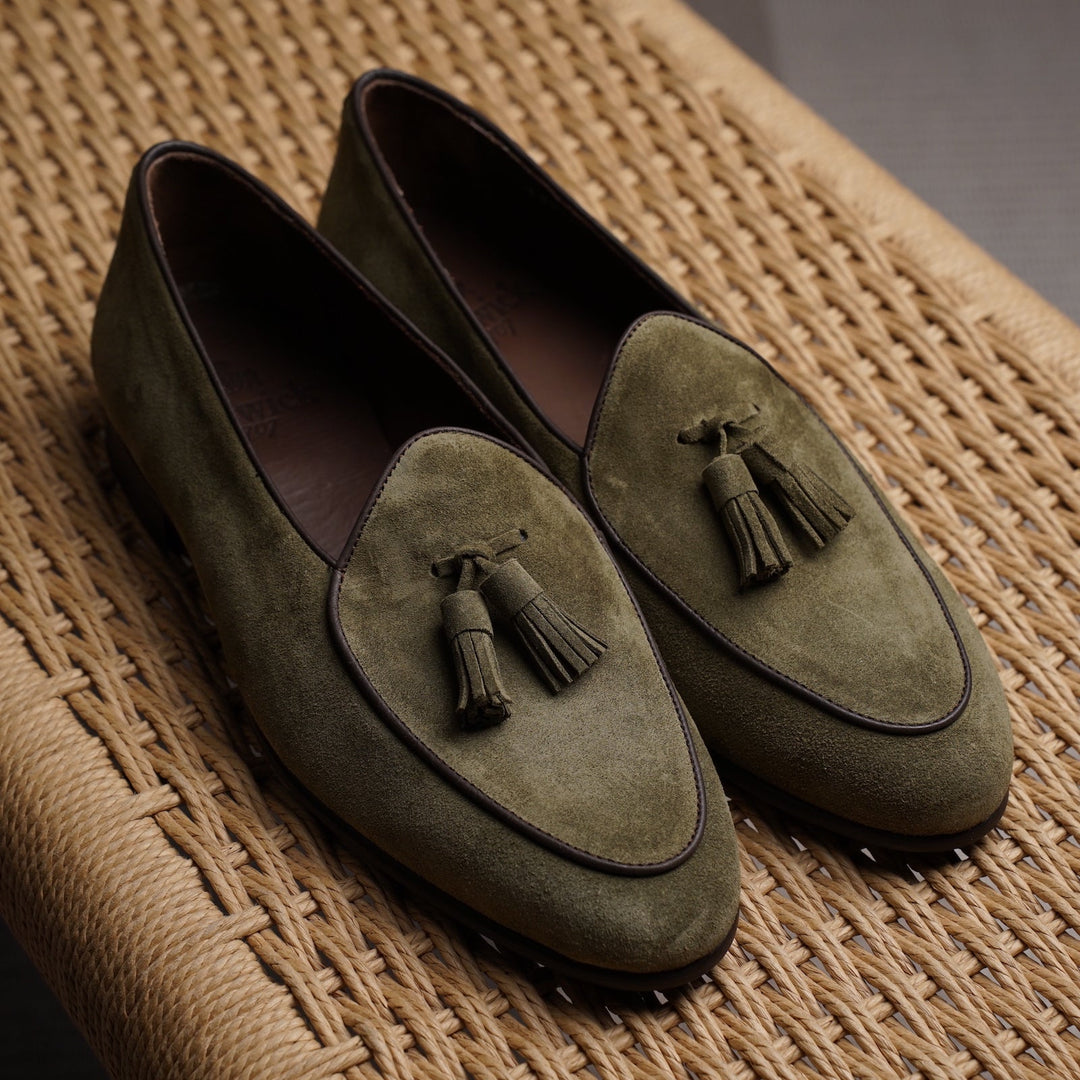 Belgian Tassel Loafer - Green Suede