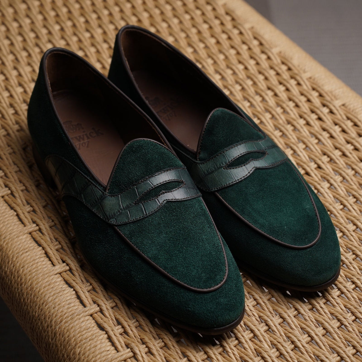 Belgian Penny Loafer - Green Suede w/ Faux Croc Strap