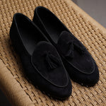 Load image into Gallery viewer, Belgian Tassel Loafer - Black Suede
