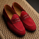 Load image into Gallery viewer, Belgian Penny Loafer - Red Suede w/ Faux Croc Strap
