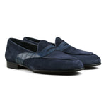 Load image into Gallery viewer, Belgian Penny Loafer - Navy Suede w/ Faux Croc Strap