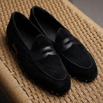 Load image into Gallery viewer, Belgian Penny Loafer - Black Suede w/ Faux Croc Strap