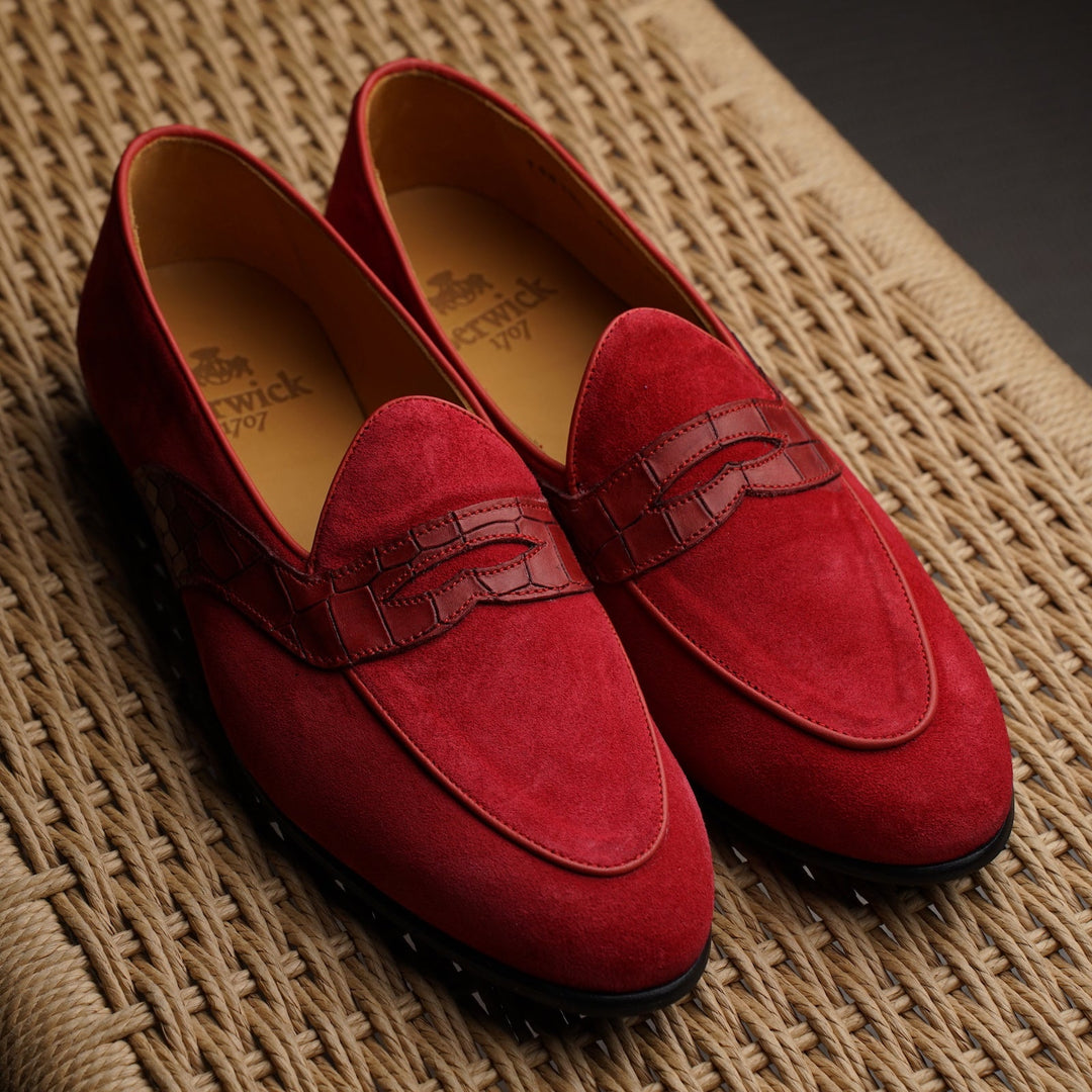 Belgian Penny Loafer - Red Suede w/ Faux Croc Strap